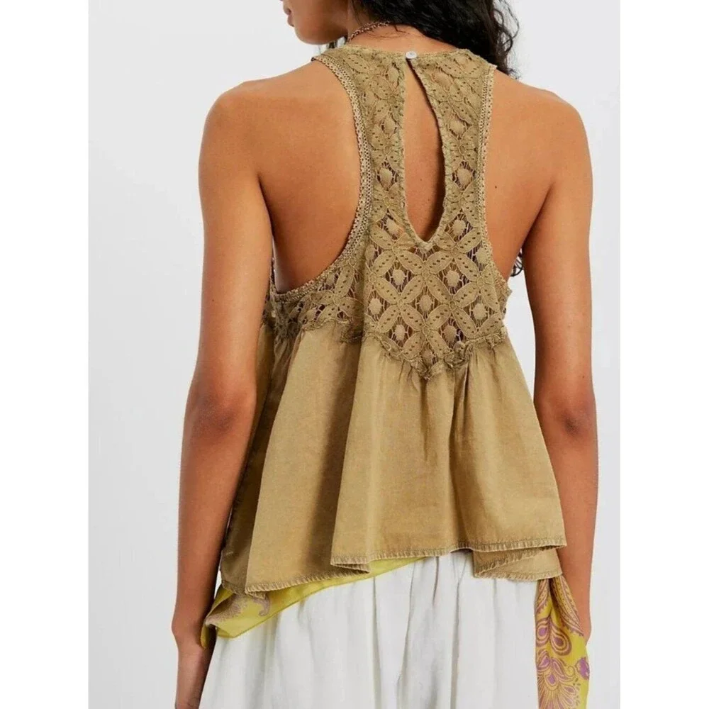 Free People Wandering Light Blouse Top Lace Cutout Tank Green Cotton M 290331